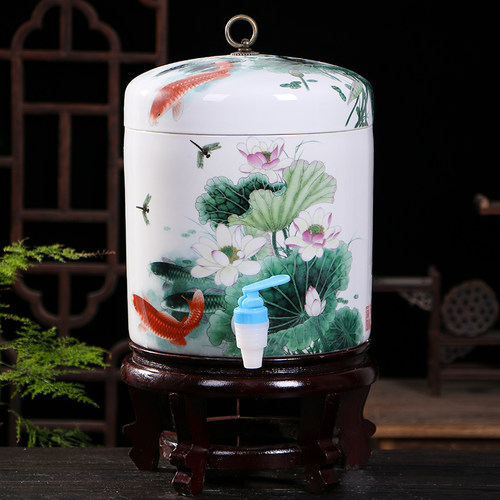 陶瓷过滤水缸凉水壶家用大号冷水壶带龙头储水罐瓷水桶大容量带盖 - 图0