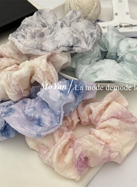新中式复古刺绣水墨印花大肠发圈褶皱简约百搭发绳基础扎头绳头花