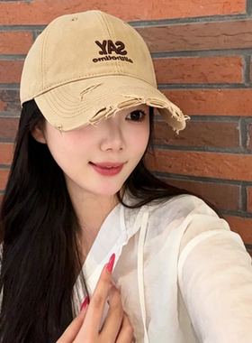 C97软顶复古刺绣棒球帽女春夏破洞软顶大檐防晒帽百搭通勤遮阳帽