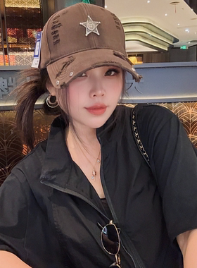 L19时尚复古水钻十字架破洞棒球帽子女透气百搭显瘦磨破鸭舌帽