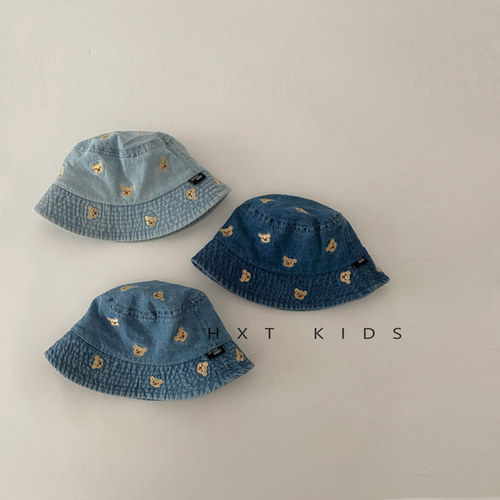 儿童渔夫帽春秋季洋气小熊刺绣牛仔水洗遮阳帽子1-3岁宝宝防晒帽2 - 图0