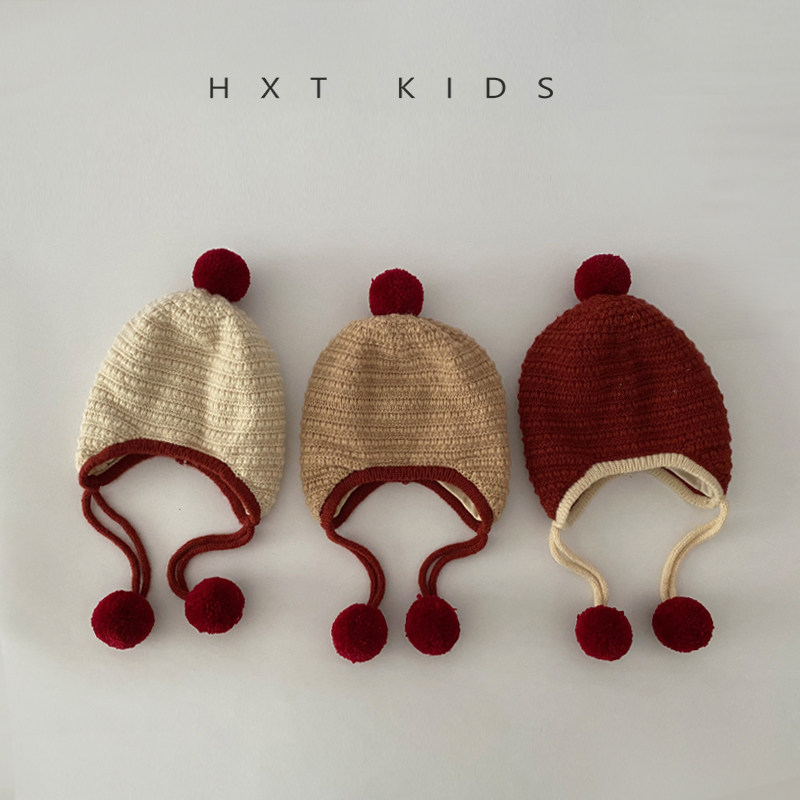婴儿针织帽秋冬季洋气拼色包边双球系带帽子婴幼儿宝宝冬天护耳帽,淘宝优惠券,粉丝福利购,淘宝优惠卷