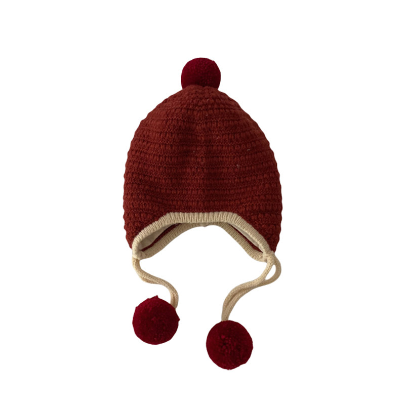 婴儿针织帽秋冬季洋气拼色包边双球系带帽子婴幼儿宝宝冬天护耳帽,淘宝优惠券,粉丝福利购,淘宝优惠卷