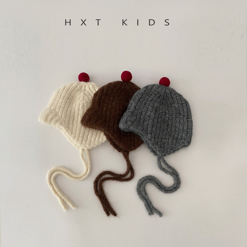 儿童护耳帽秋冬小毛球撞色系带针织帽韩国潮童宝宝冬天保暖帽子酷,淘宝优惠券,粉丝福利购,淘宝优惠卷