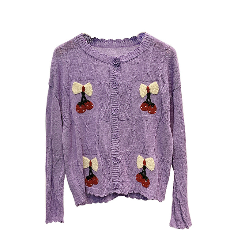 早秋新品花边v领长袖宽松薄款开衫 蝶览毛针织衫