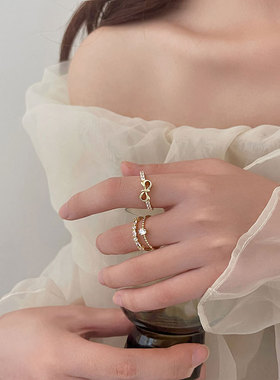 轻奢高级感蝴蝶结双层锆石戒指