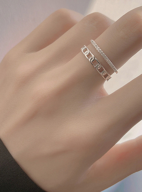 S925纯银镂空双层戒指女小众设计高级时尚个性开口食指冷淡风链条