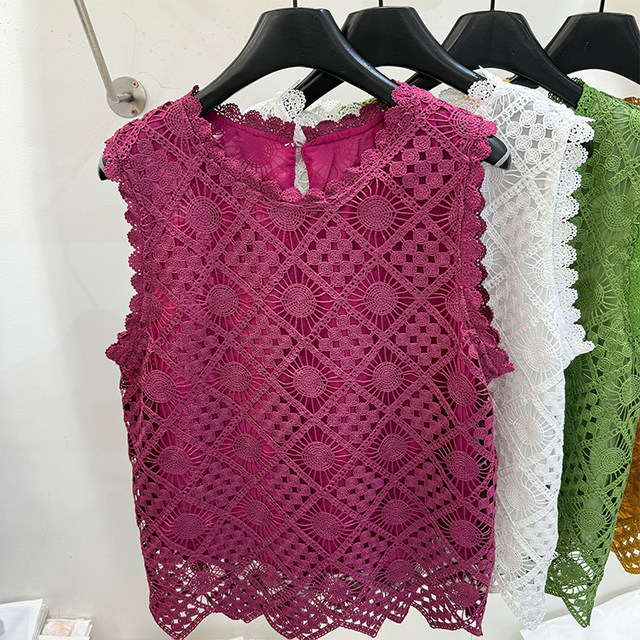 Hollow Crochet Sleeveless Shirt ຂອງແມ່ຍິງ Summer Lace Top