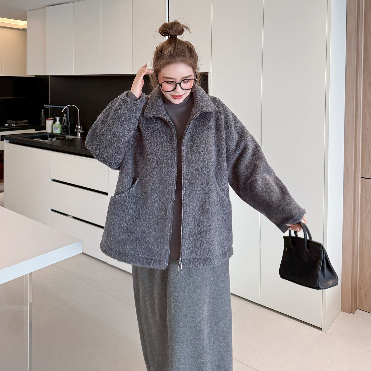 【年末8折】媛子家大码冬季胖mm宽松百搭遮肉纯色毛呢拉链外套女,淘宝优惠券,粉丝福利购,淘宝优惠卷