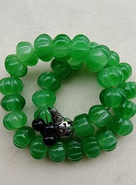 古玉老玉古董清代冰种满绿老翡翠南瓜珠手提,手工雕刻,品相如图