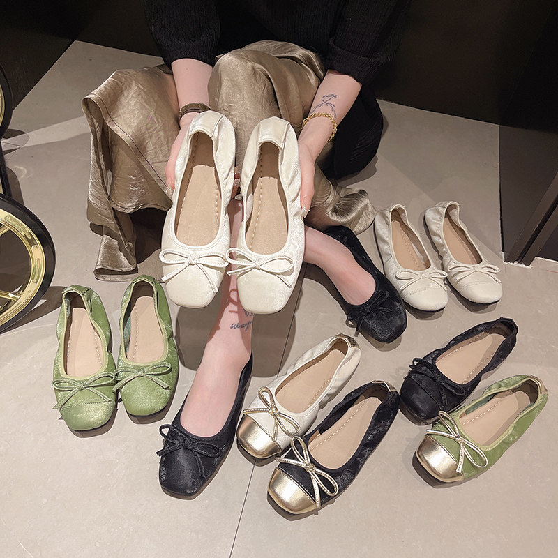蝴蝶结单鞋女芭蕾风浅口复古平底蛋卷鞋通勤不累脚一脚蹬奶奶瓢鞋