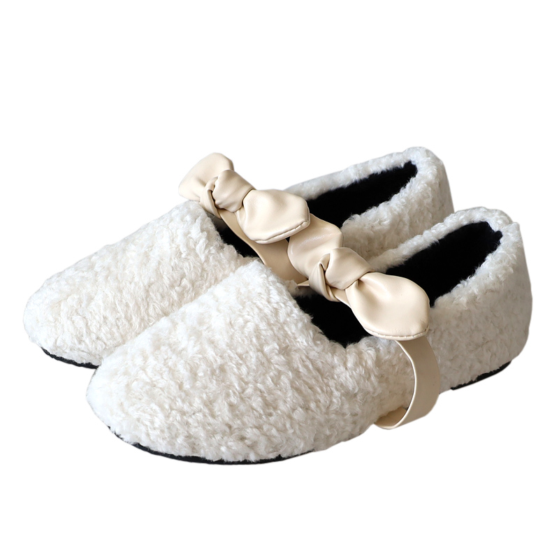 cumuggo旗舰店蝴蝶结棉鞋女秋冬新款加绒保暖平底一脚蹬孕妇羊羔毛毛鞋外穿0