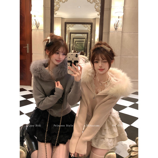 Lazy Didi雪绒花 加绒毛衣外套真狐狸毛领连帽衫蝙蝠袖百搭短上衣