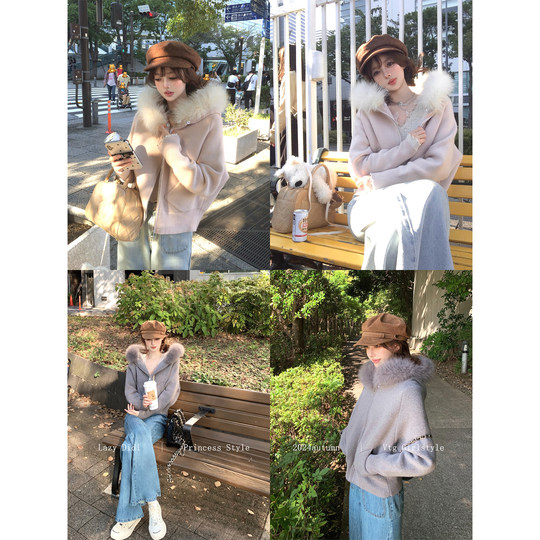 Lazy Didi雪绒花 加绒毛衣外套真狐狸毛领连帽衫蝙蝠袖百搭短上衣