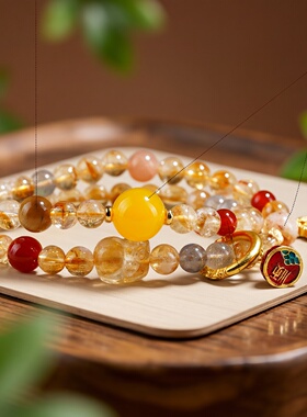 天然黄塔晶貔貅葫芦双圈手链