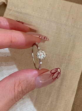 纯银莫桑石小小氧气感一克拉甜美婚戒戒托极细简单戒指