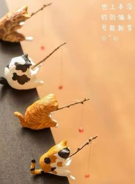 新款仿真摆件猫咪钓鱼治愈系公仔创意可爱小摆件