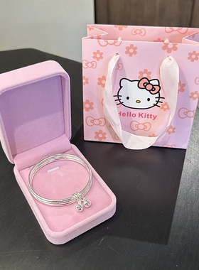 生日礼物999足银三圈铃铛实心手镯女闭口多层叠戴纯银镯子送闺蜜