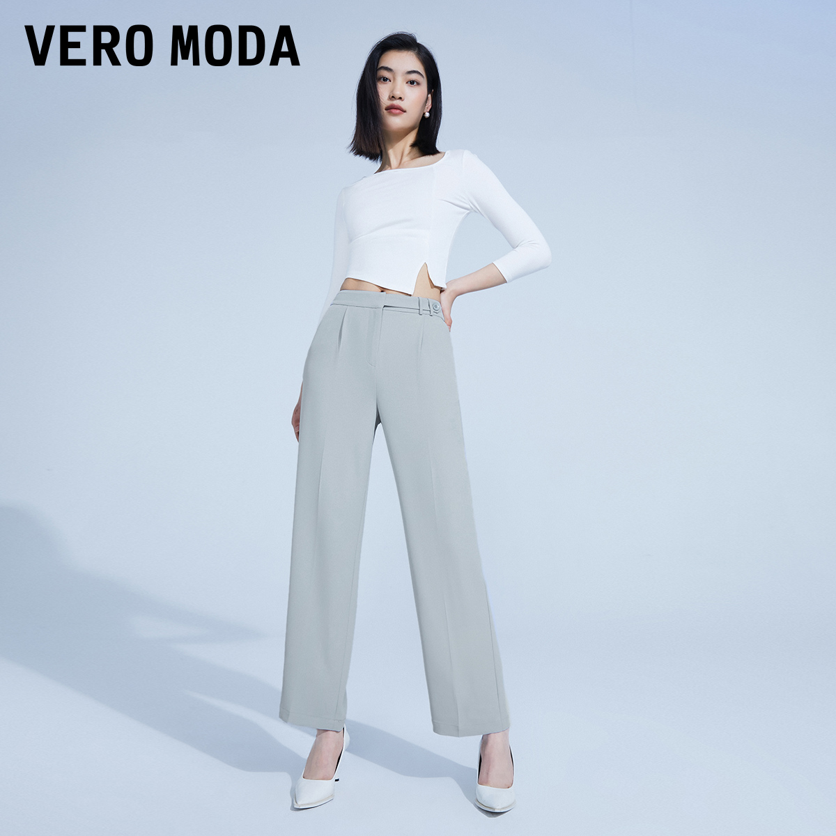 v区绫致Vero Moda休闲裤女2024春夏百搭通勤纯色直筒裤子