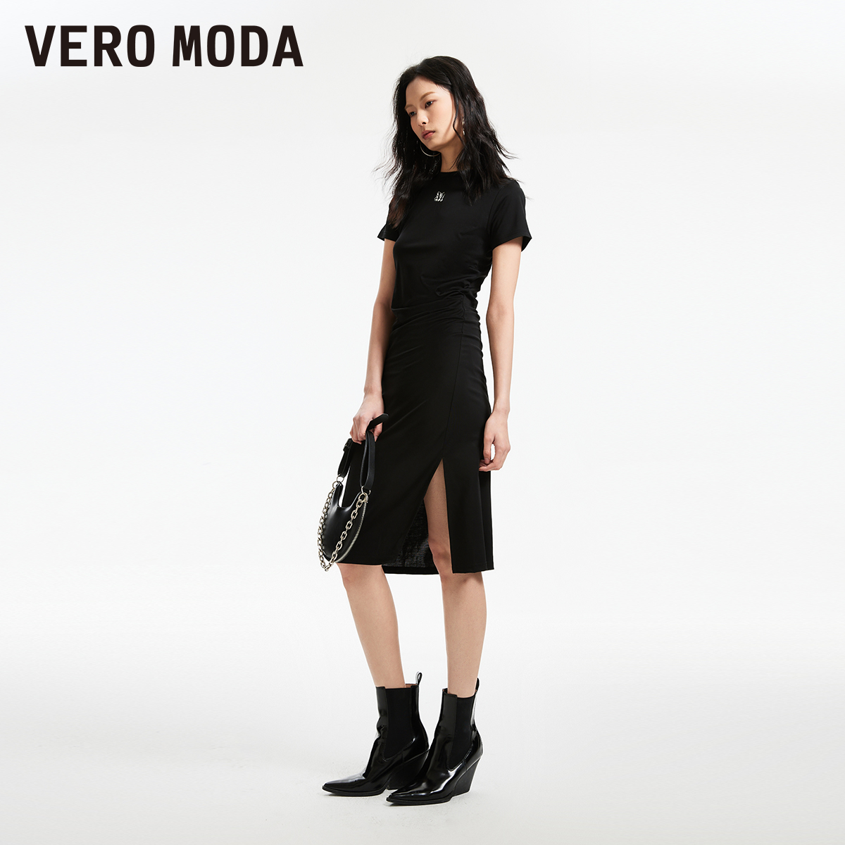 Vero Moda【魔法裙】连衣裙2024春夏新款时髦短袖黑色开衩T恤裙女