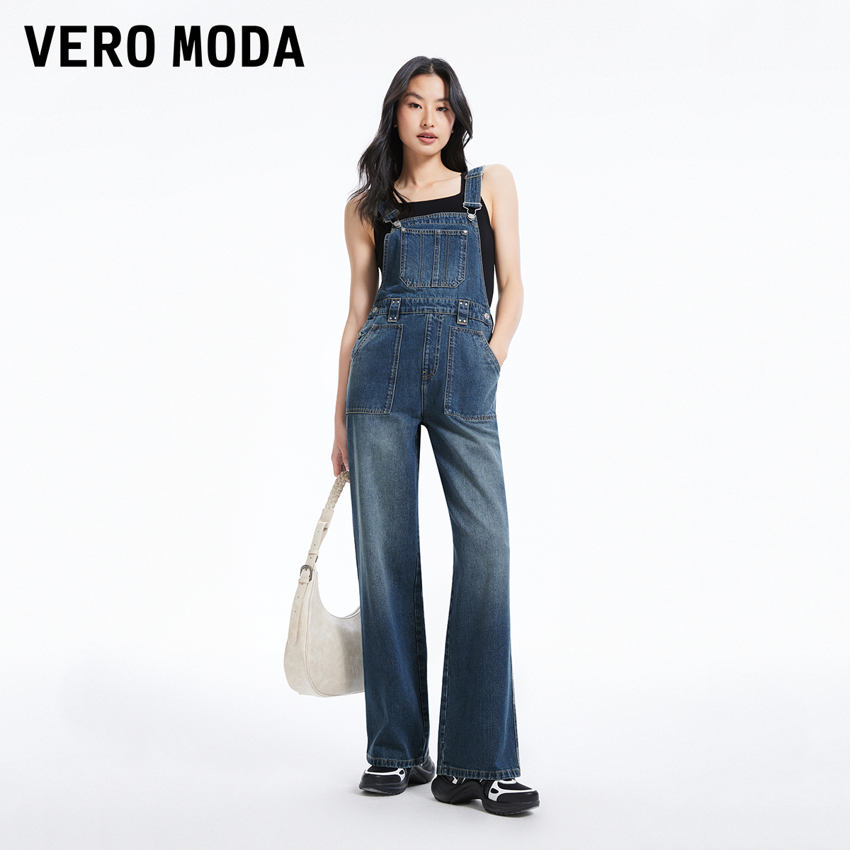 Vero Moda牛仔背带裤女2024春夏新款复古水洗宽松可调肩带