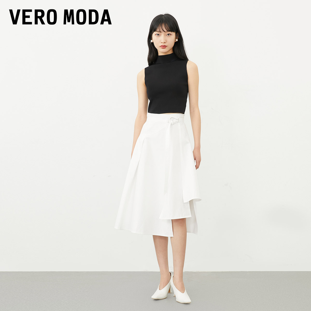 Vero Moda半身裙女2023秋冬新款显瘦白色a字裙百褶半裙设计感▲