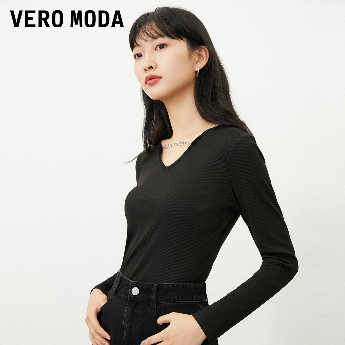 绫致Vero ModaT恤女春夏新HV领长袖简约气质时尚百搭潮