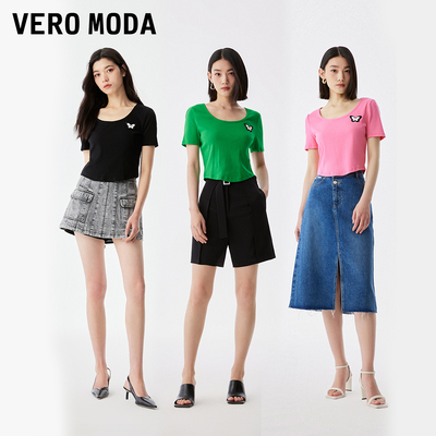 Vero Moda上衣女2023新款夏季肌理感辣妹T恤短袖休闲简约显瘦▲