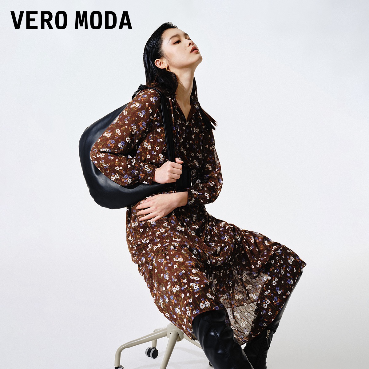 Vero Moda连衣裙2023秋新款法式美拉德复古碎花收腰优雅茶歇裙-图0