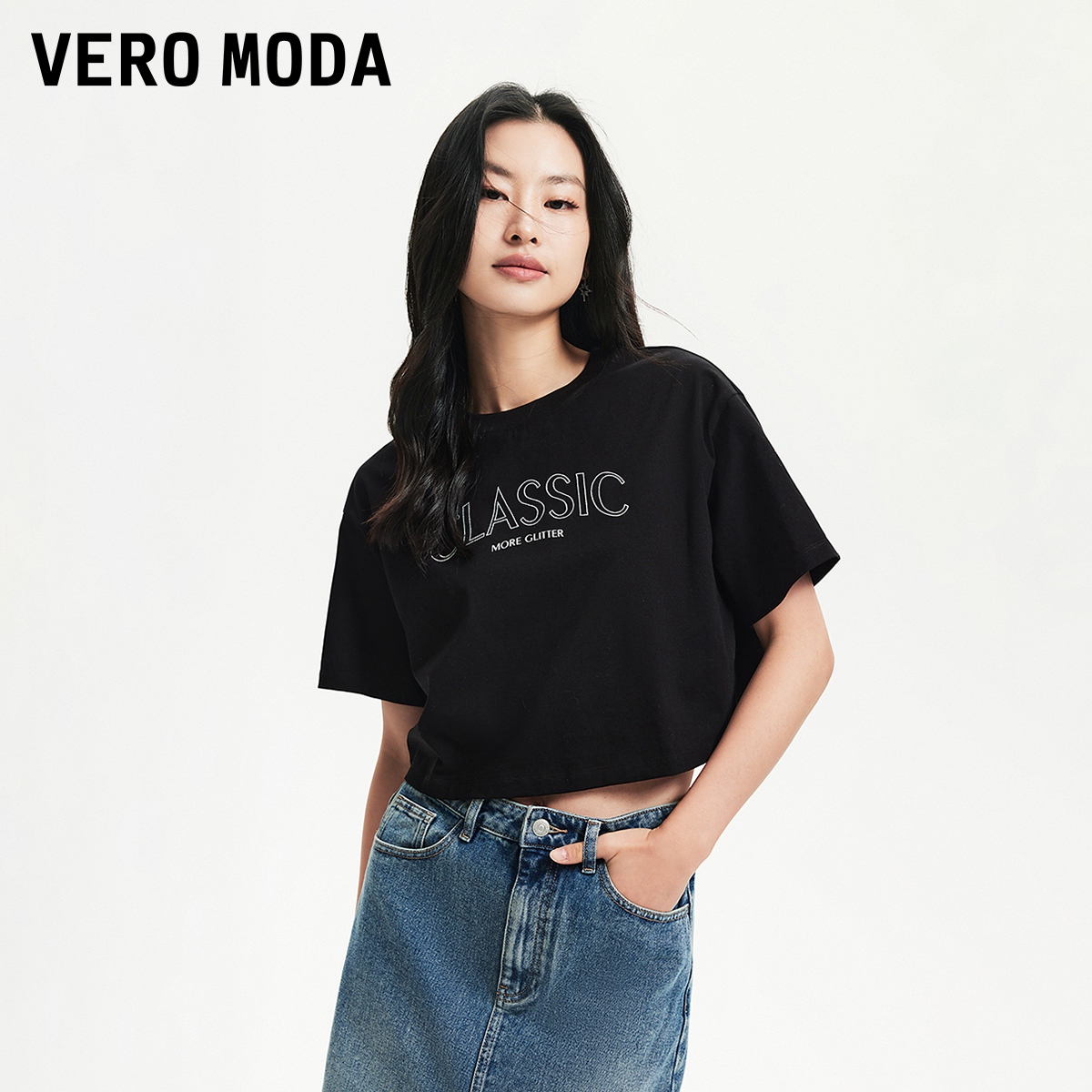 Vero ModaT恤女2024春夏新款复古街头风宽松短款字母刺绣甜辣上衣 - 图1