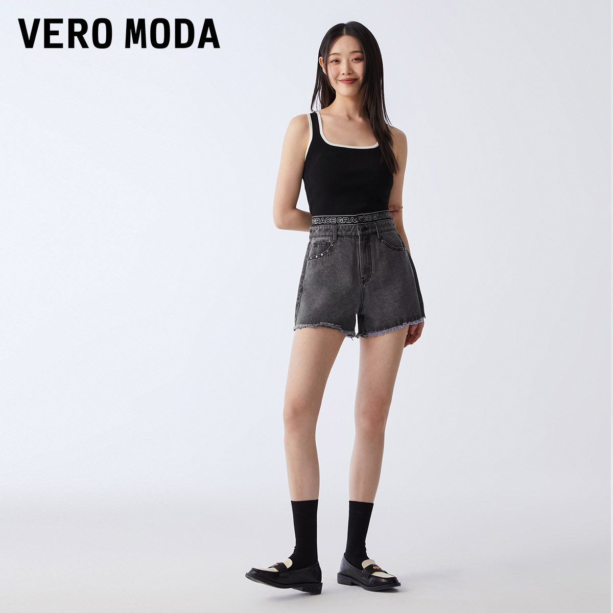 Vero Moda牛仔短裤女2023新款夏季高腰字母腰头阔腿牛仔热裤子女-图0