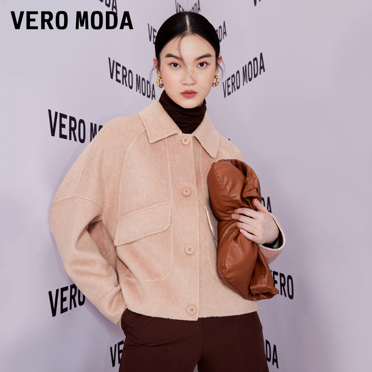 Vero Moda毛呢大衣女2023秋冬新款绵羊毛50%短款落肩宽松单排扣