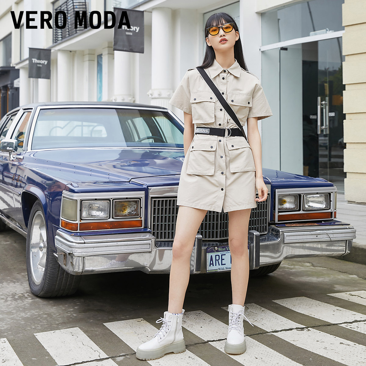 Vero Moda连衣裙2023秋冬新款时尚通勤气质工装风腰带装饰短袖