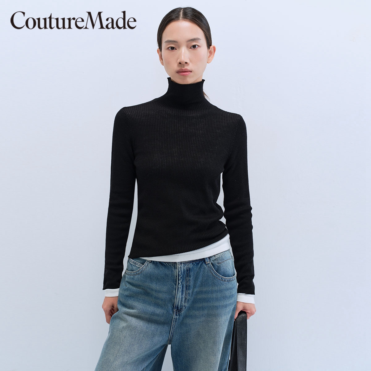 【可机洗羊毛】Couture Made针织衫2024春夏新款绵羊毛半高领打底 - 图1