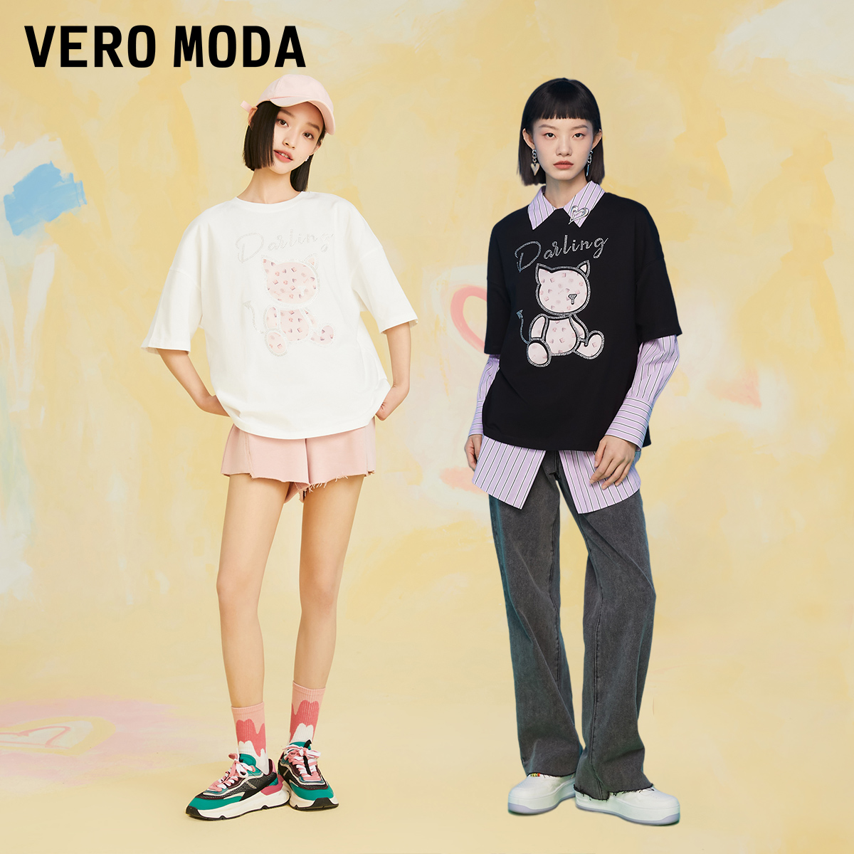 Vero Moda T恤2022夏新款HT系列甜美小熊宽松短袖上衣女3221T1024