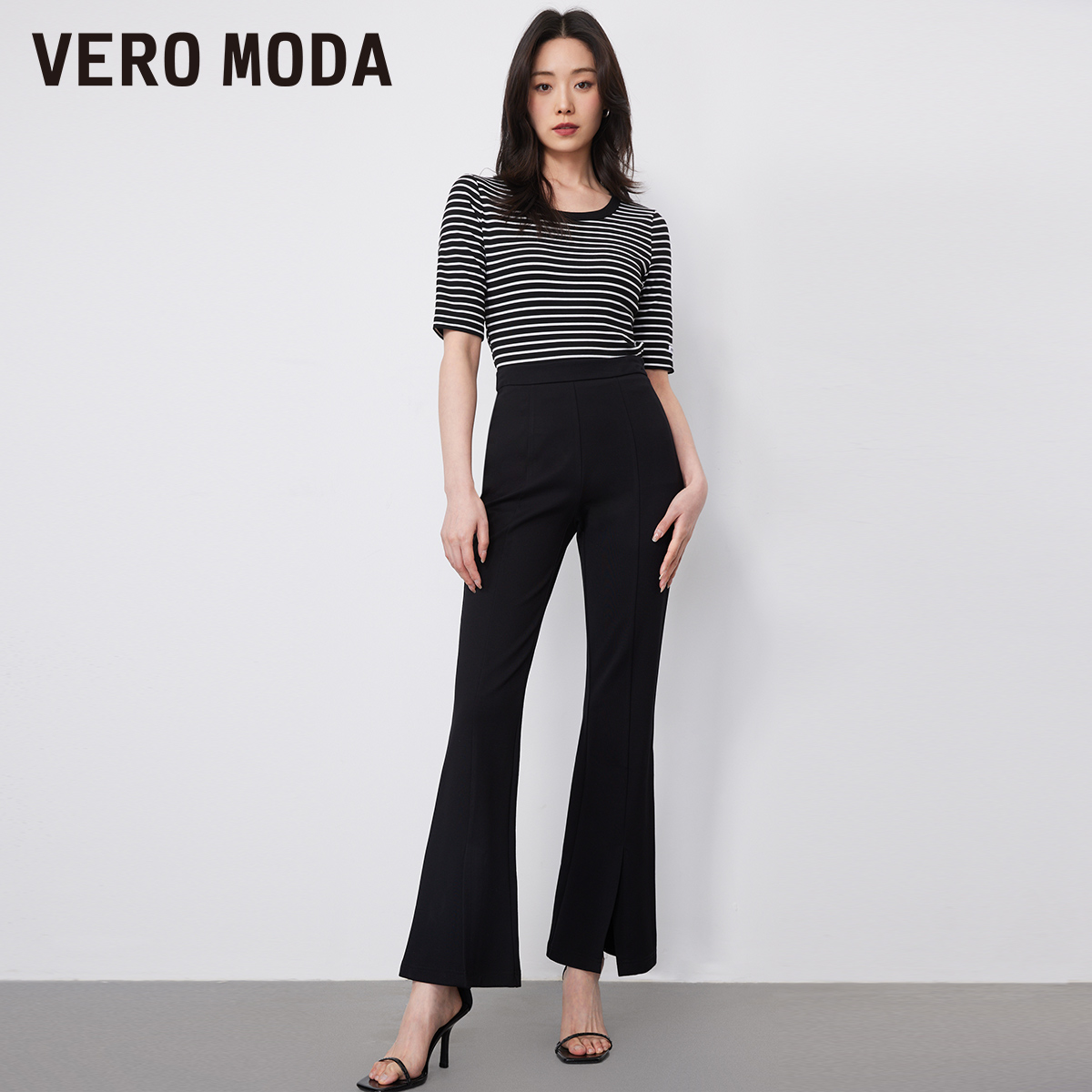 【垂顺裤】Vero Moda多巴胺休闲裤女2023新款气质喇叭开叉裤▲