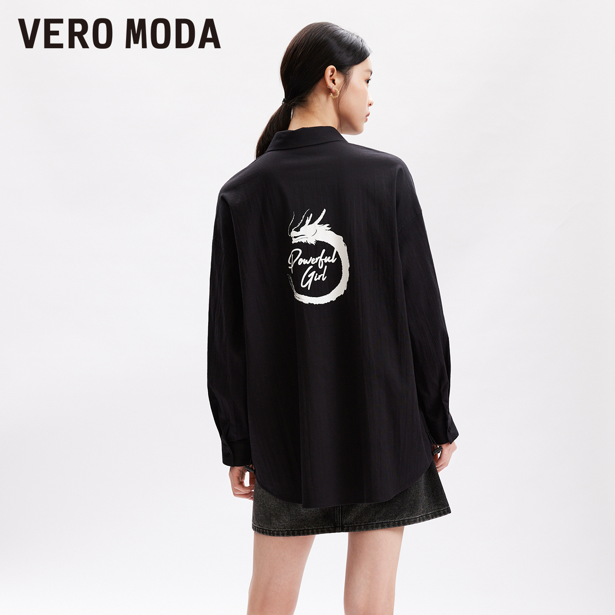 Vero Moda衬衫女2023秋冬新款休闲时尚百搭中性国风印花街头纯色 - 图1