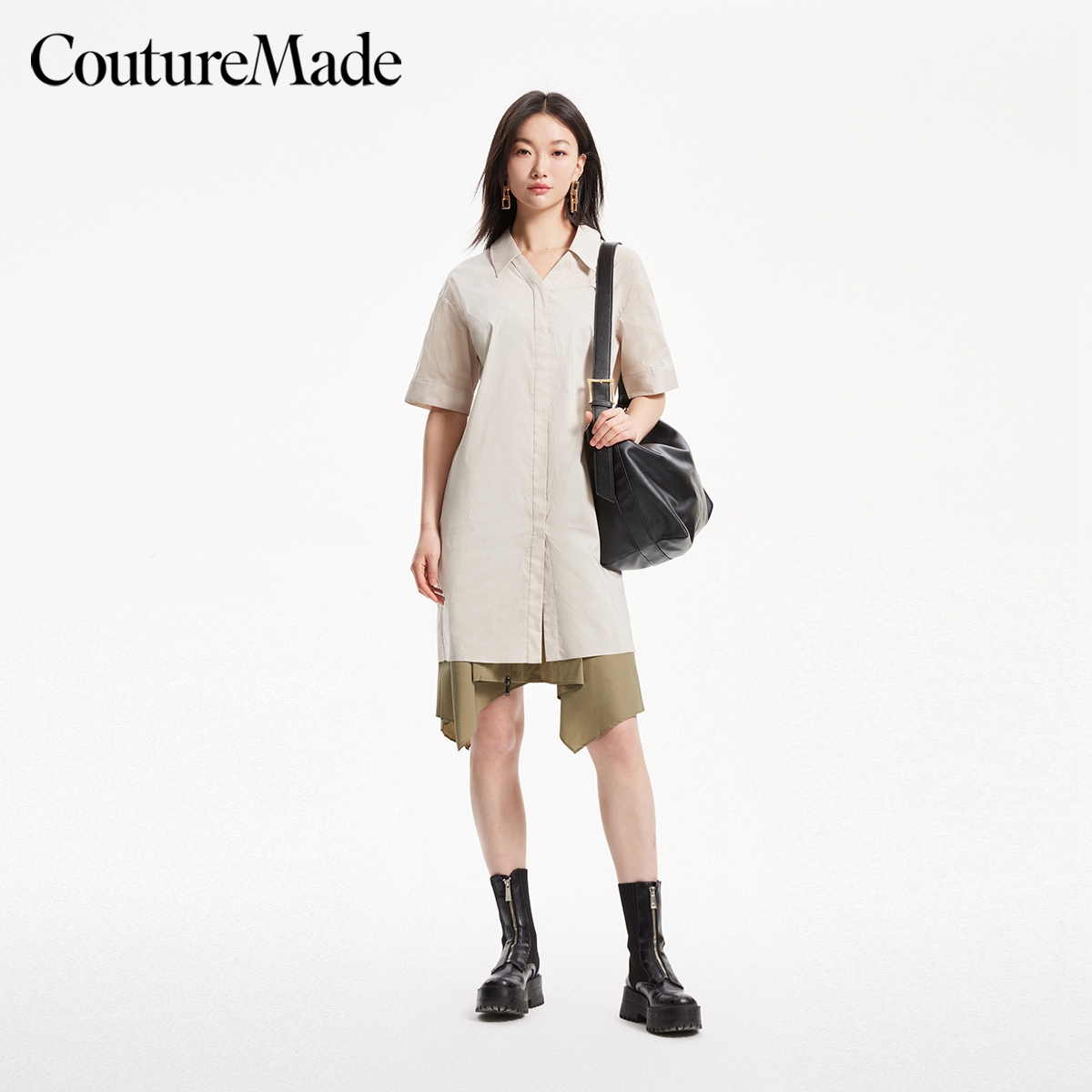 绫致Couture Made连衣裙女24春夏新款真两件V字衬衫领衬衫+半身裙 - 图0