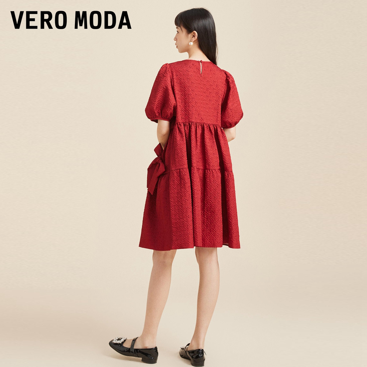 Vero Moda红色连衣裙2023春夏新款时尚甜美可爱公主风泡泡袖纯色 - 图1