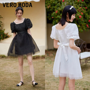 Vero Moda2022夏新款公主风高级法式气质黑色连衣裙子女32217B056