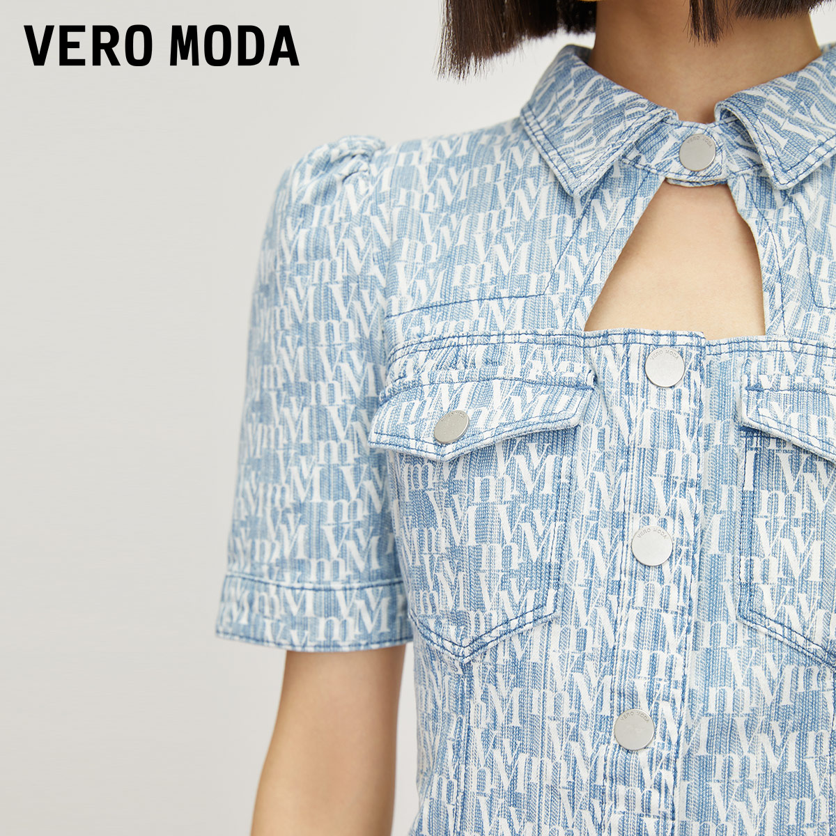 Vero Moda连衣裙夏季镂空满印时尚气质减龄短袖牛仔短裙女 - 图2