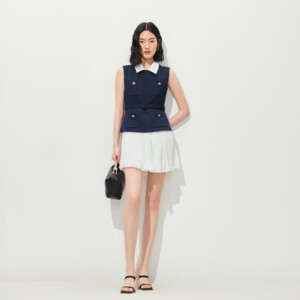 VeroModa连衣裙2026夏季新款可拆腰带纽扣拼接百褶裙32627A030