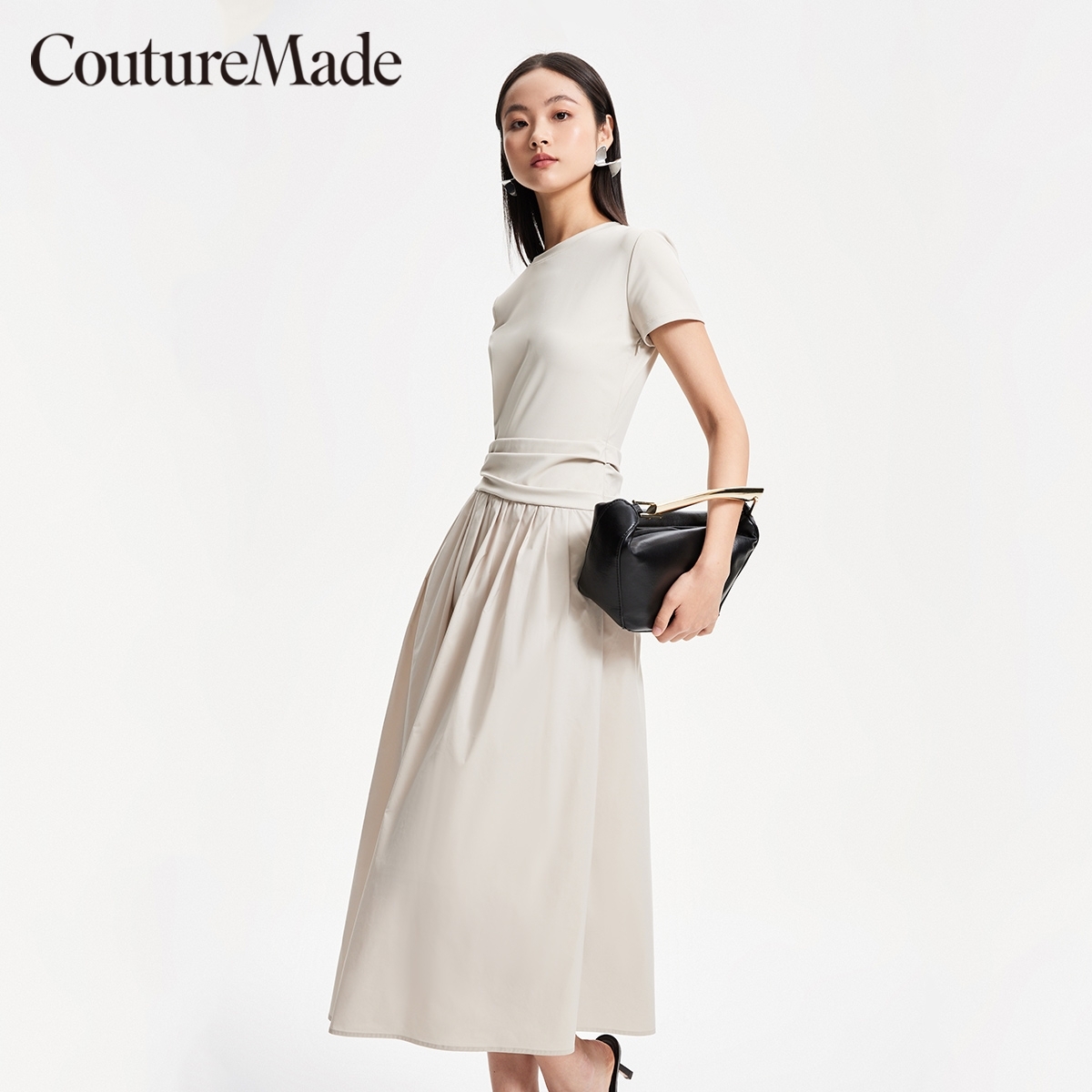 绫致Couture Made连衣裙2024春夏新款圆领短袖褶皱长裙时尚通勤 - 图1