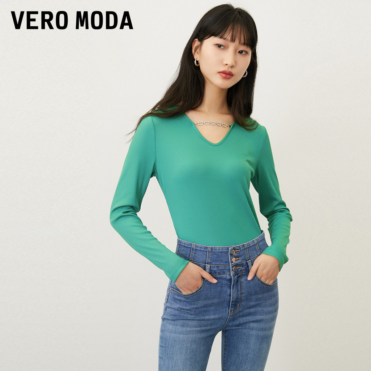 绫致Vero ModaT恤女春夏新HV领长袖简约气质时尚百搭潮