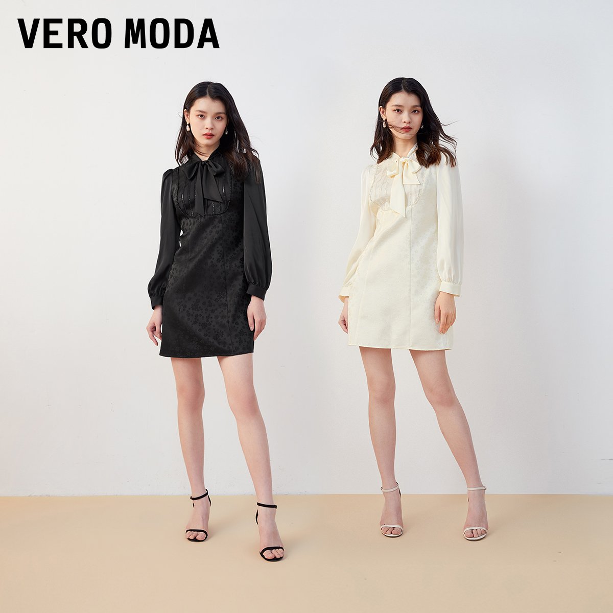 Vero Moda连衣裙2023早秋新款气质短裙泡泡袖收腰宫廷假两件