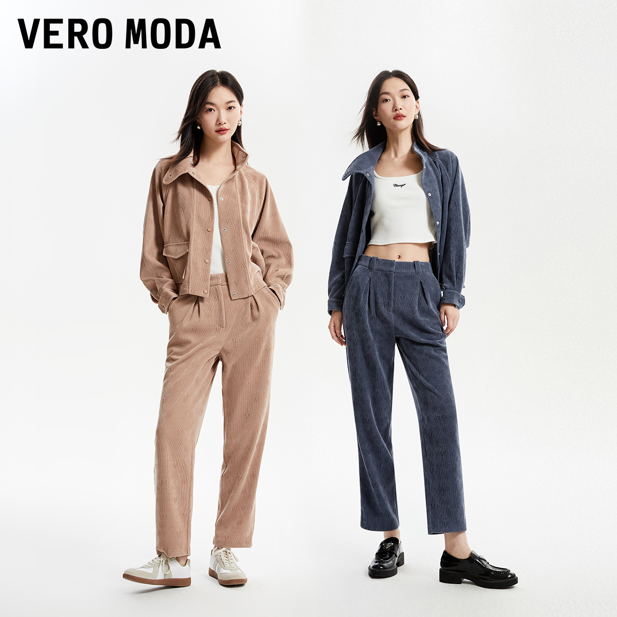 绫致Vero Moda外套套装女2024春夏宽松高领短款灯芯绒蝙蝠袖