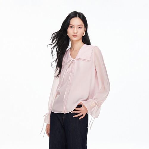 Vero Moda衬衫女2026春季新款海军领刺绣网纱抽绳上衣休闲百搭 - 图1