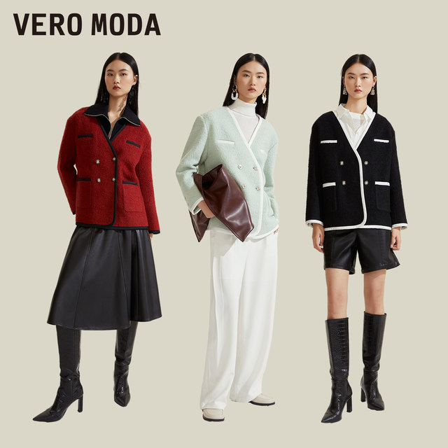 Vero Moda2023秋冬新款毛呢外套优雅小香风高级感羊毛大衣红色