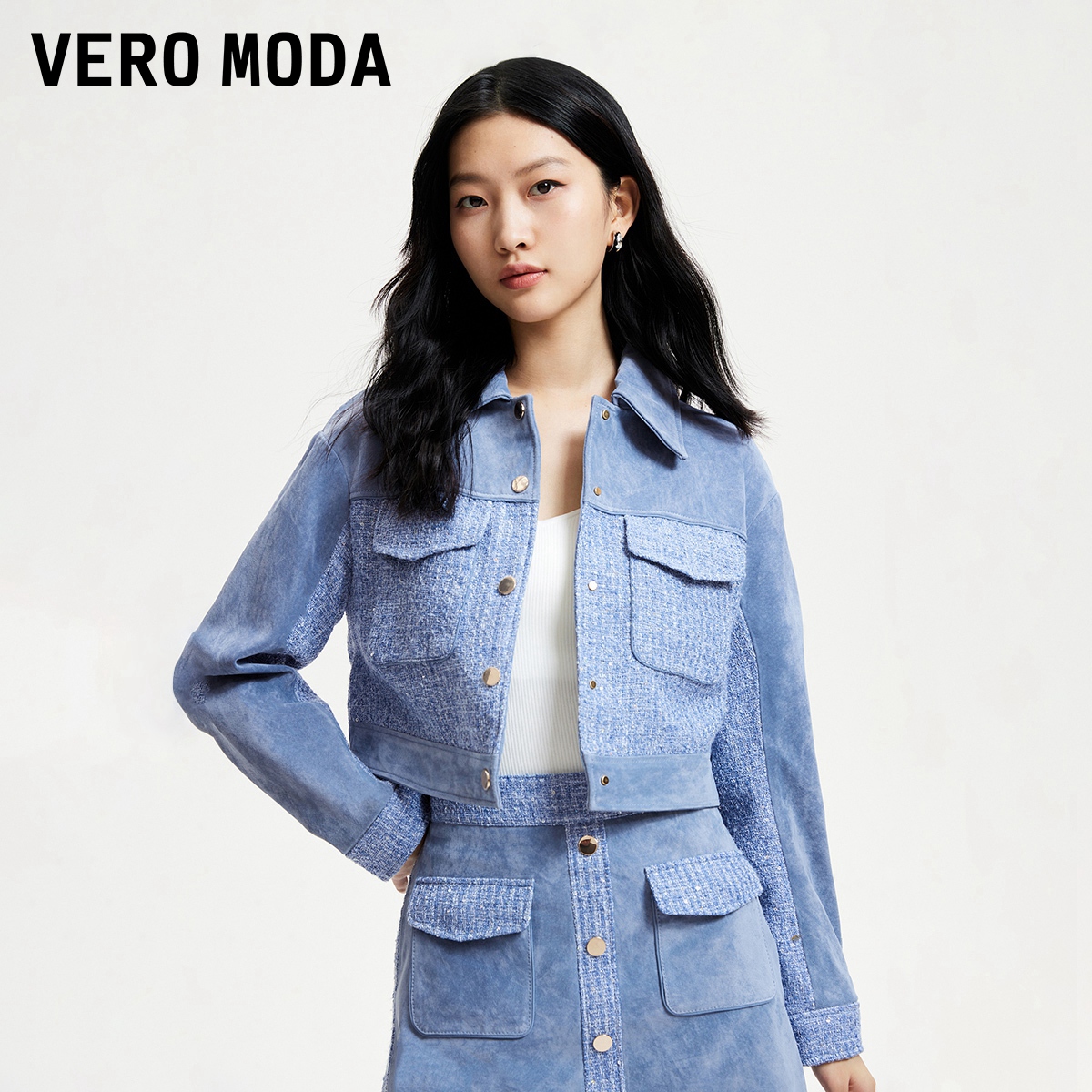 Vero Moda皮衣皮裙套装女2024春夏新款宽松翻领短款拼接小香风