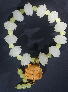 夜光石莲花手串搭配饰DIY手链黄金檀木九尾狐吊坠文玩佛珠饰品